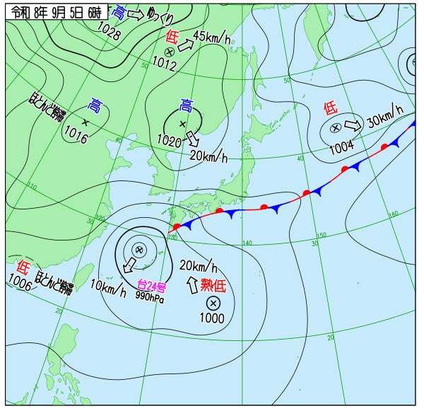 2026年9月5日6時の実況天気図。本州の南岸に停滞前線が東西に延び、南西諸島付近に台風24号、その東の日本の南に熱帯低気圧がある