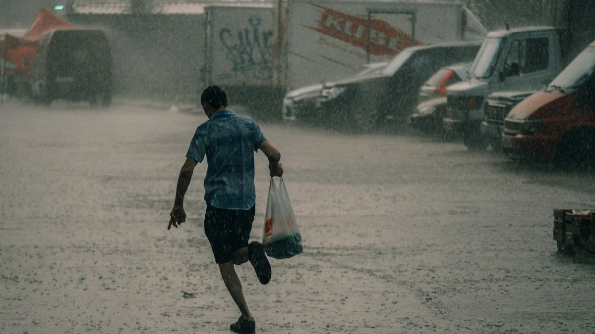 強い雨のなかを走る人。路面に雨が跳ね返って白く煙っている