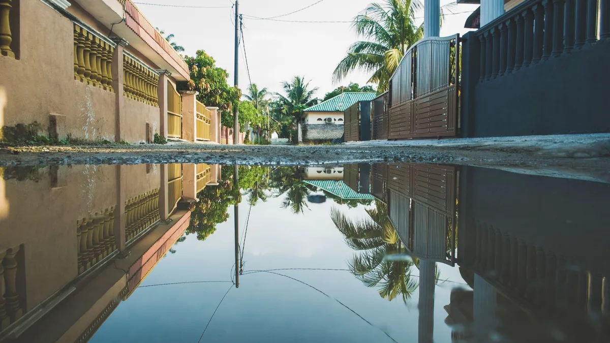 住宅街の道にできた大きな水たまりに、家並みと空が映り込んでいる