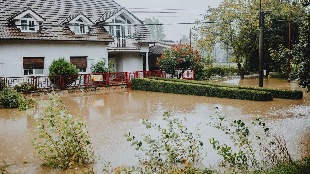 大雨のあと、住宅と生け垣のまわりが濁った水に囲まれている