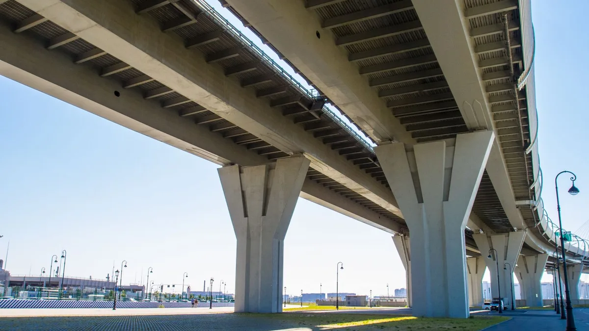 高い位置を通る高速道路と、その下をくぐる道