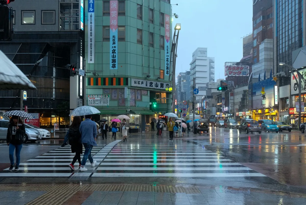 雨の日の街。濡れた横断歩道が信号の光を映している