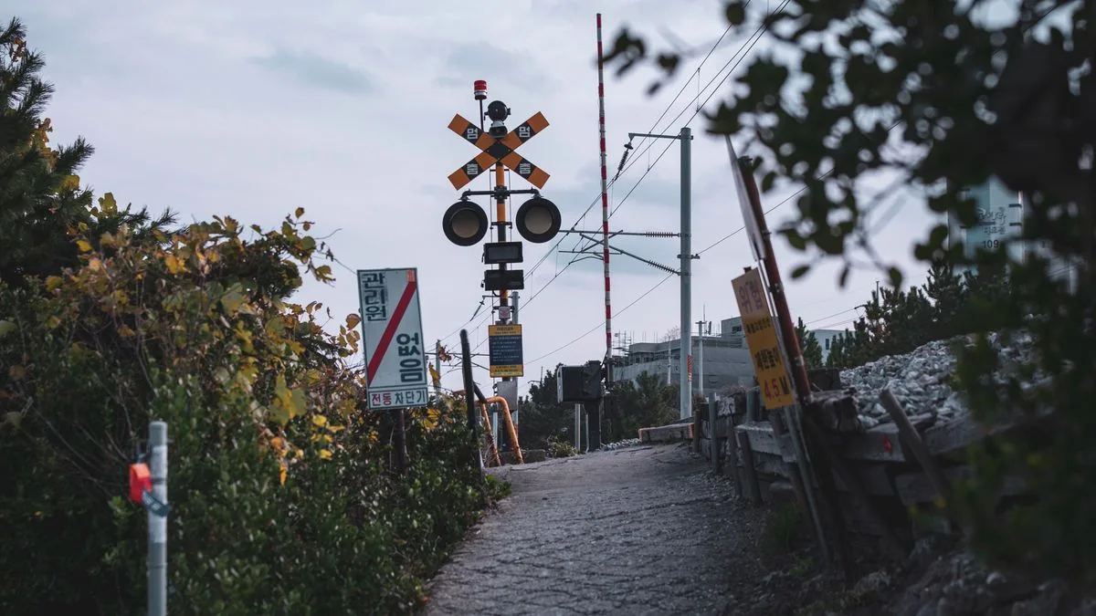 踏切のある道。線路を平面で渡っている