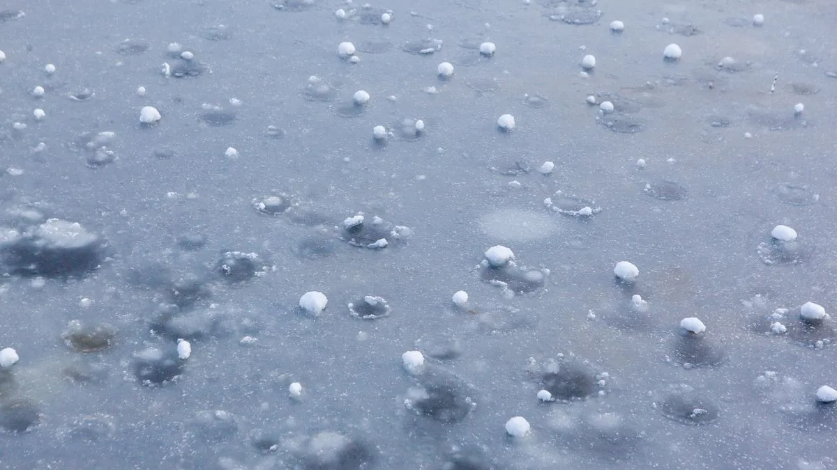 路面に散らばった氷の粒。大きさは数ミリから1センチほど