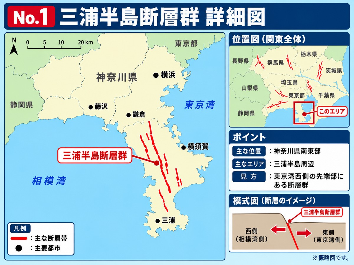 三浦半島断層群の詳細図。神奈川県南東部の三浦半島を南北に通る位置を示す
