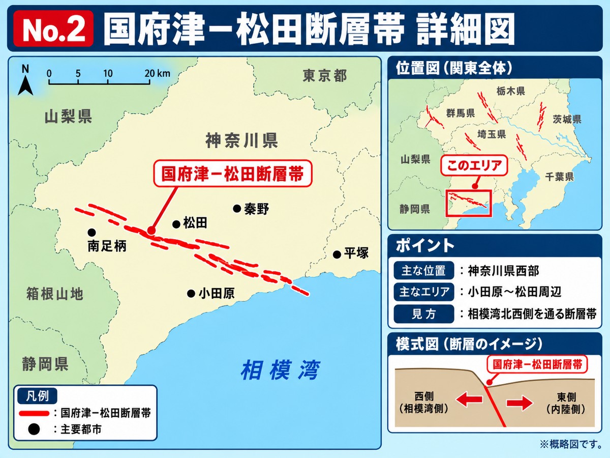 国府津－松田断層帯の詳細図。神奈川県西部の小田原から松田にかけての位置を示す