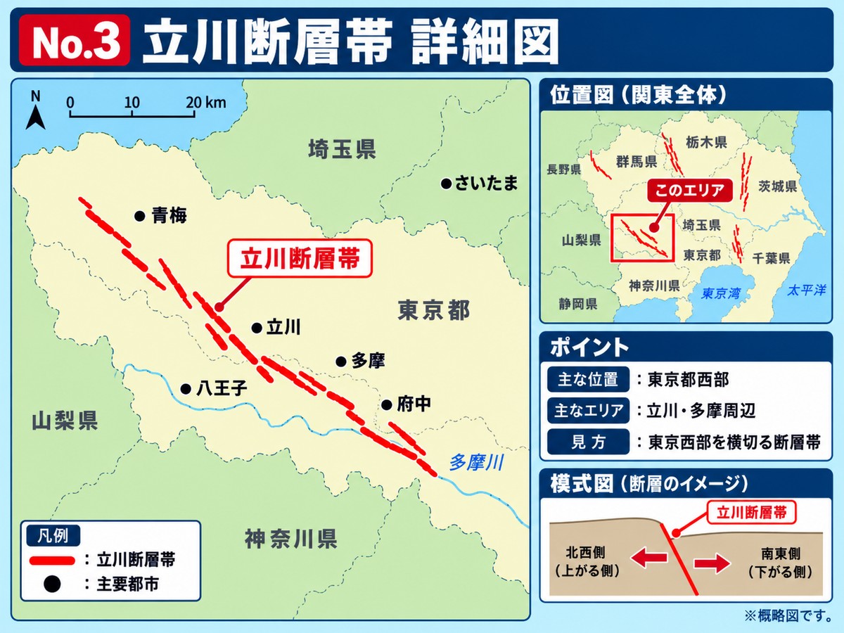 立川断層帯の詳細図。東京都西部の青梅から府中にかけての位置を示す
