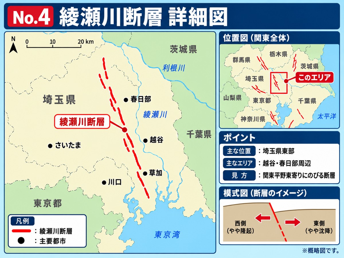 綾瀬川断層の詳細図。埼玉県東部の鴻巣から川口にかけての位置を示す