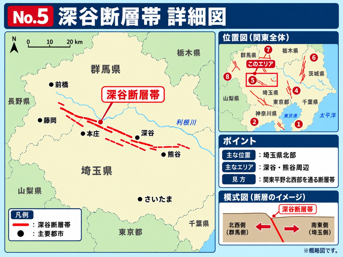 深谷断層帯の詳細図。埼玉県北部から群馬県にかけての位置を示す