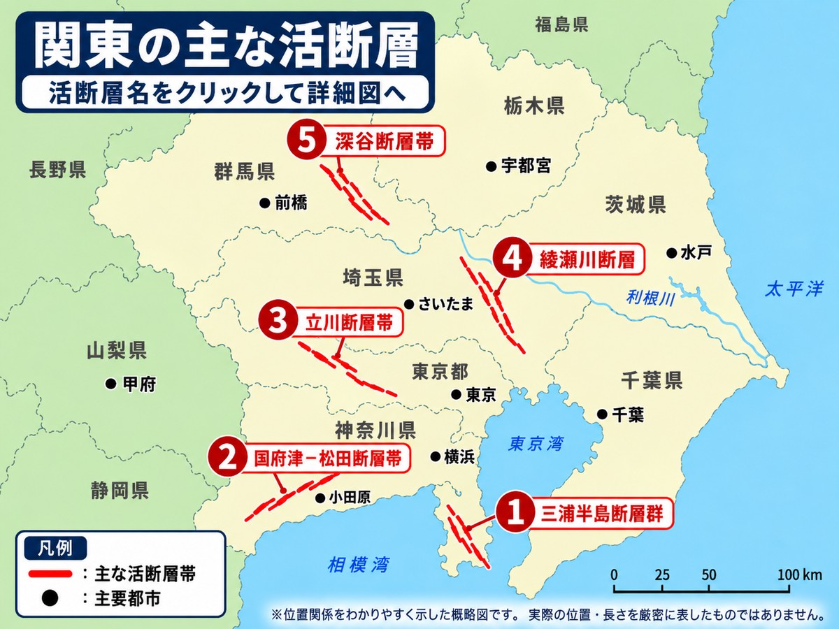 関東の主な活断層帯の位置図