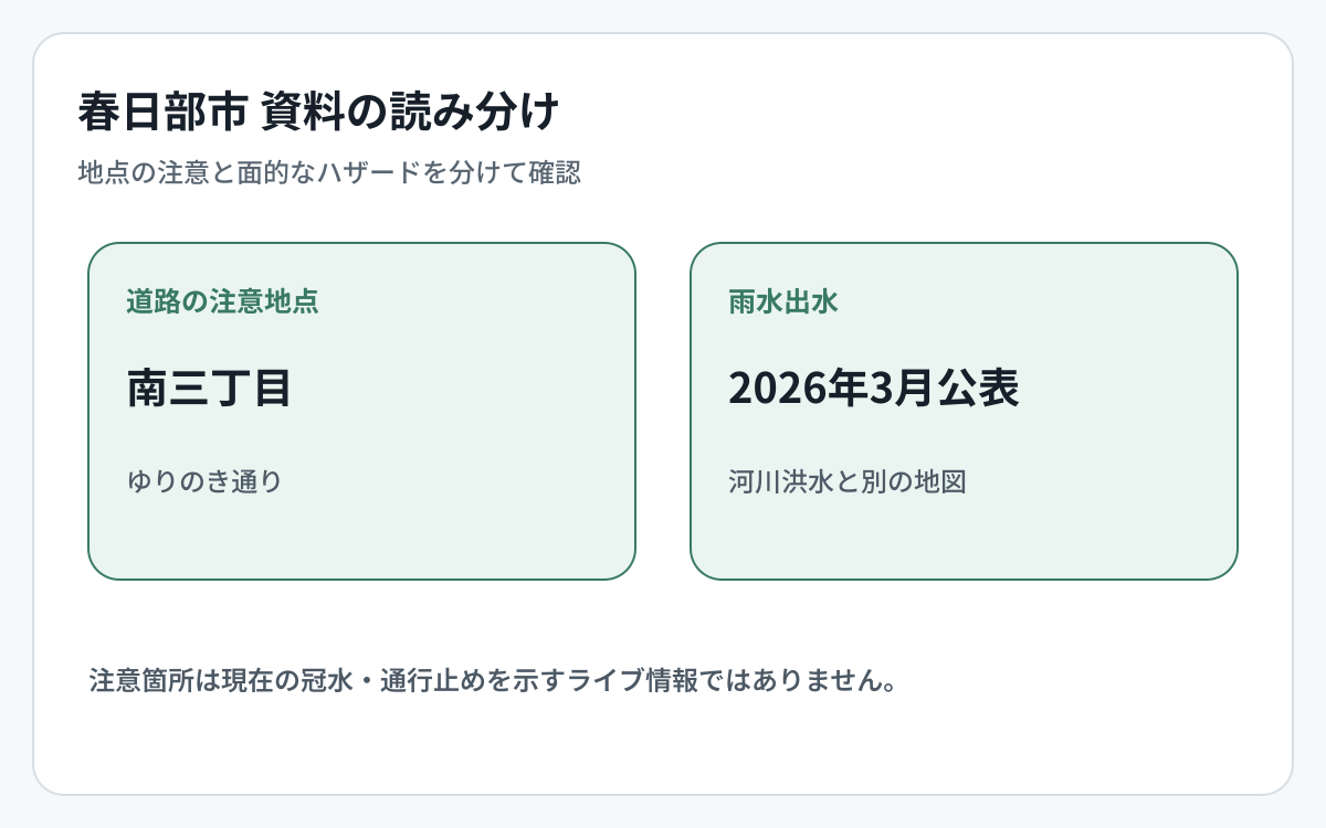 春日部市の道路冠水資料とハザード資料の対象範囲を比較した図