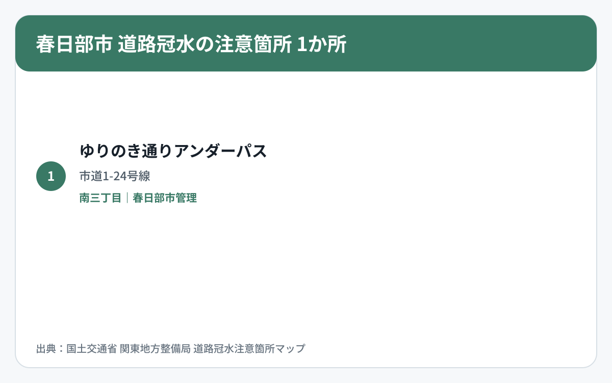 春日部市の道路冠水注意箇所1か所を道路区分と管理者で整理した図