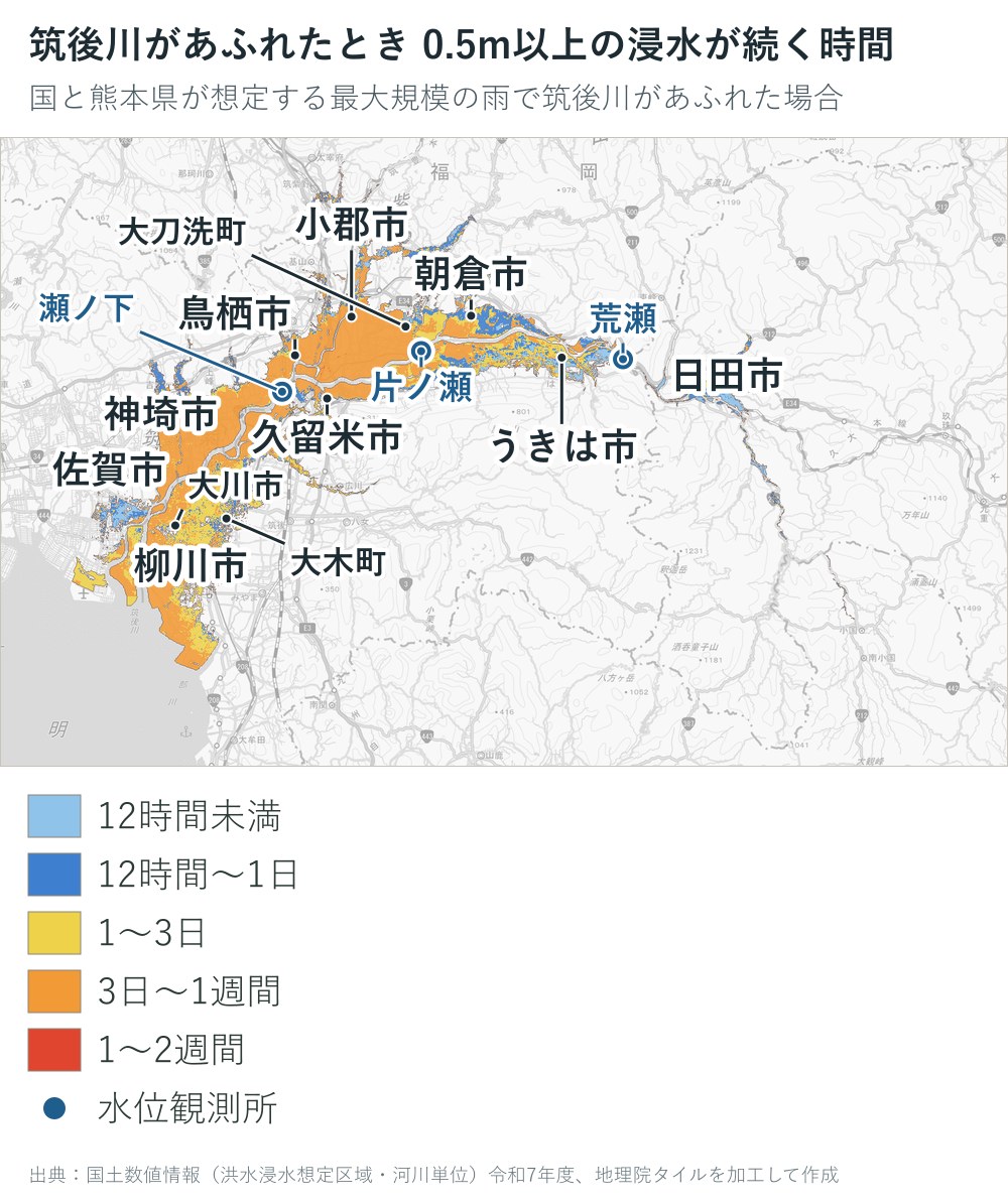 筑後川があふれた場合に0.5m以上の浸水が続く時間の地図