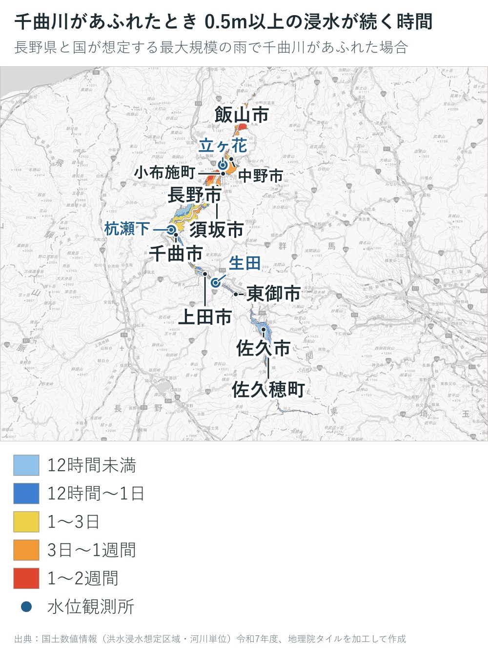千曲川があふれた場合に0.5m以上の浸水が続く時間の地図