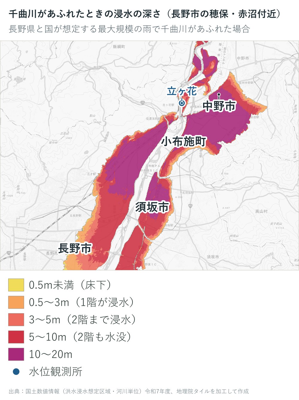 千曲川があふれた場合の浸水の深さ（長野市の穂保・赤沼付近の拡大）
