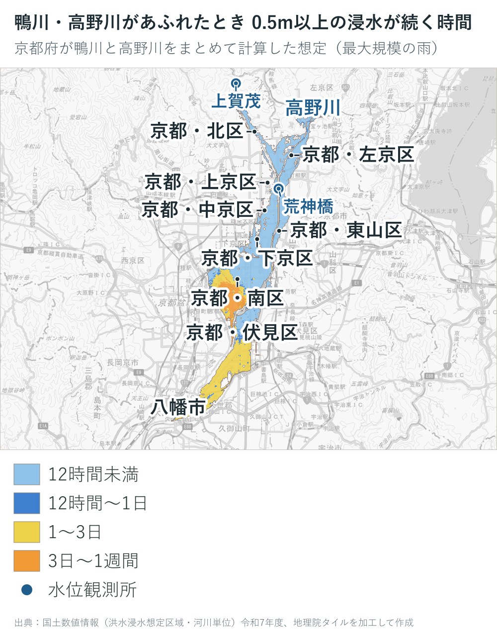 鴨川・高野川があふれた場合に0.5m以上の浸水が続く時間の地図
