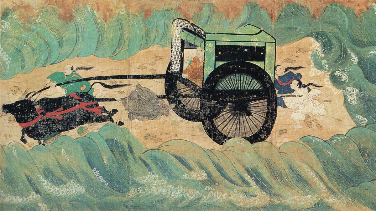 洪水の鴨川を渡る尊意（北野天神縁起絵巻・1219年）