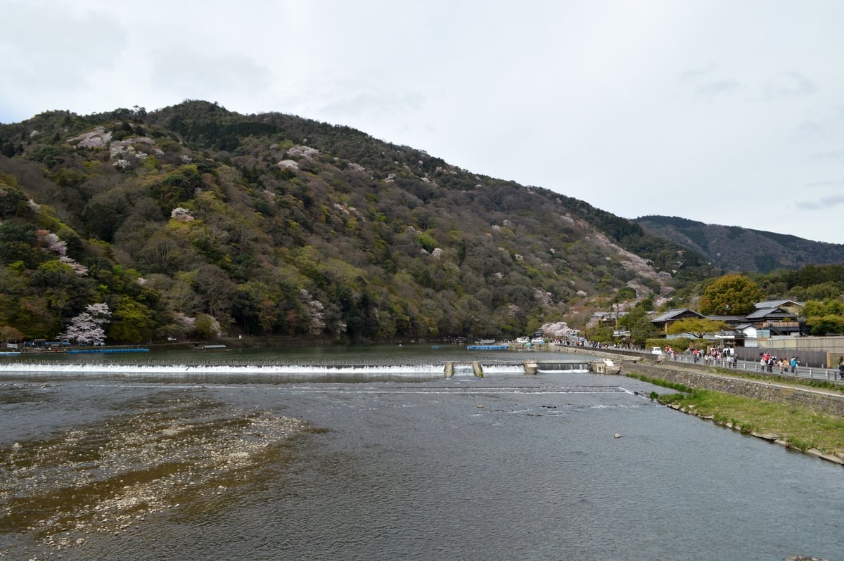 渡月橋から見た平常時の桂川と嵐山（2016年4月）