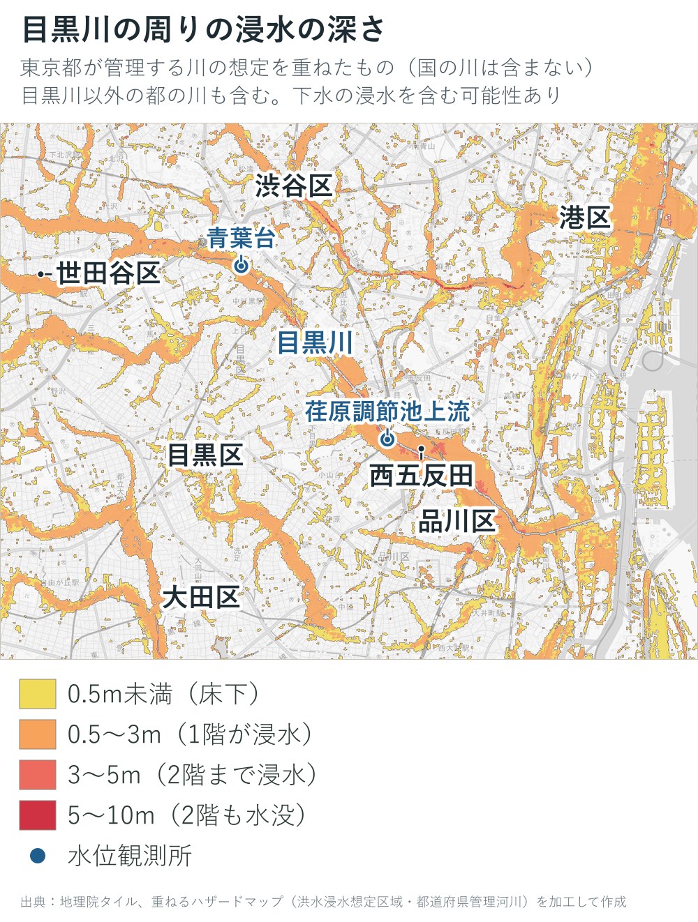 目黒川の周りの浸水の深さの地図