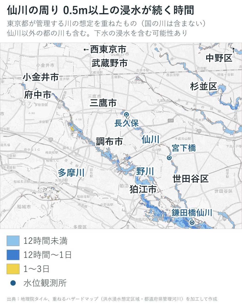 仙川の周りで0.5m以上の浸水が続く時間の地図