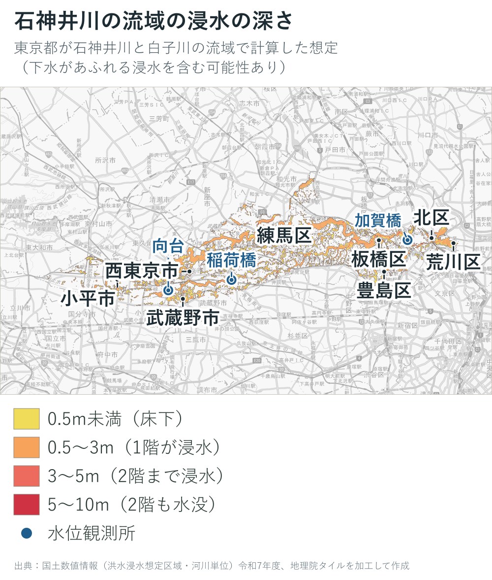 石神井川の流域の浸水の深さの地図