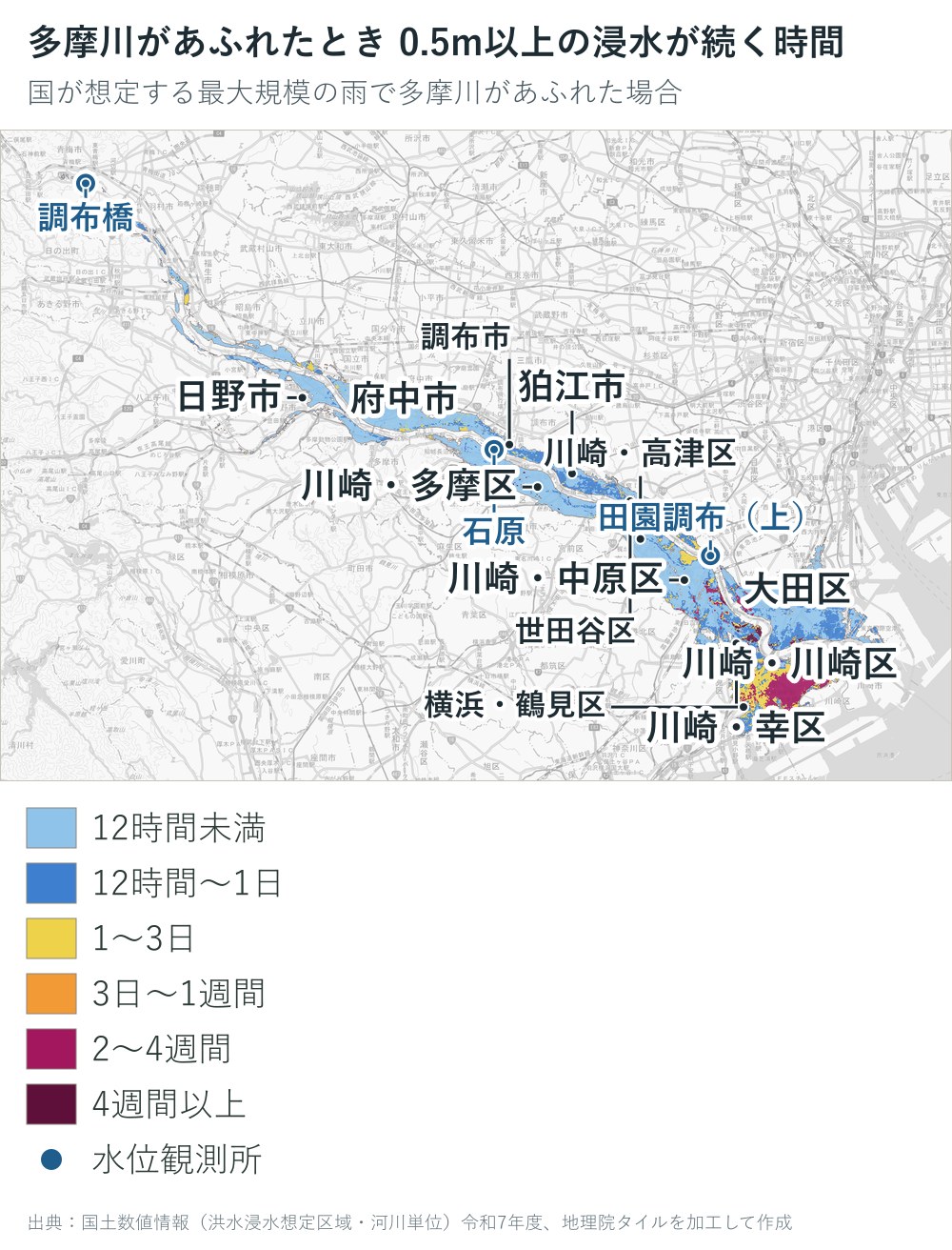多摩川があふれた場合に0.5m以上の浸水が続く時間の地図