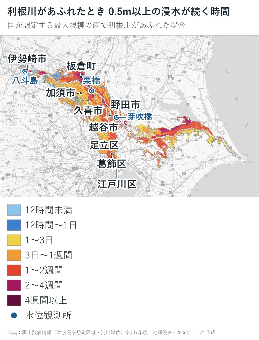 利根川があふれた場合に0.5m以上の浸水が続く時間の地図