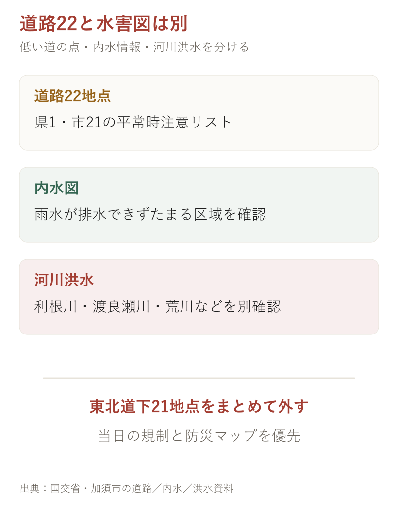 道路22と水害図は別。道路、ハザードマップ、現在情報を分けて確認する図
