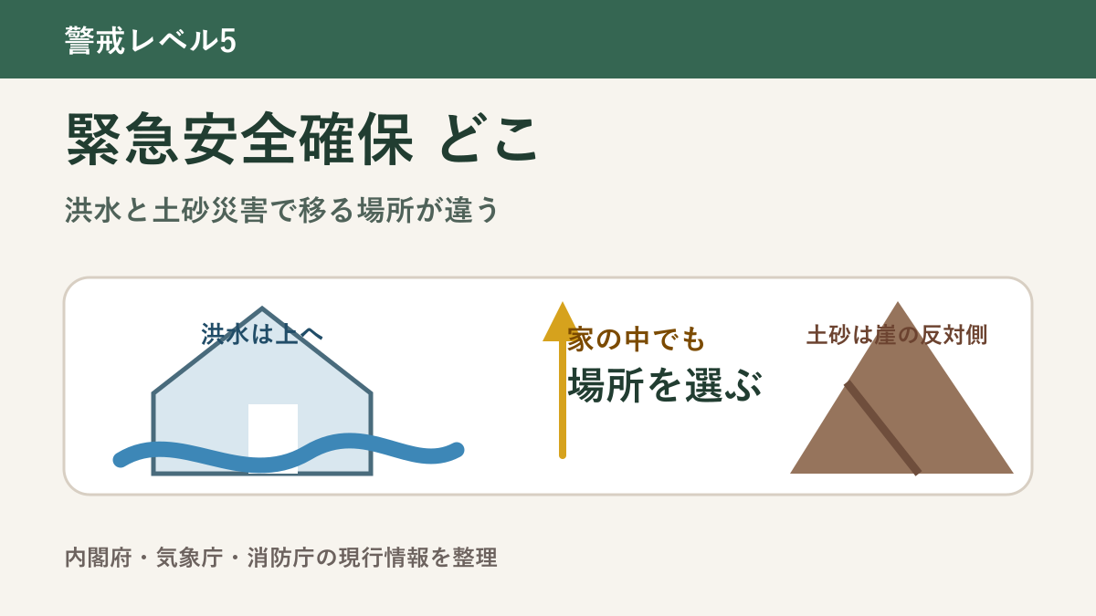 洪水では上階、土砂災害では崖と反対側へ移る緊急安全確保の図