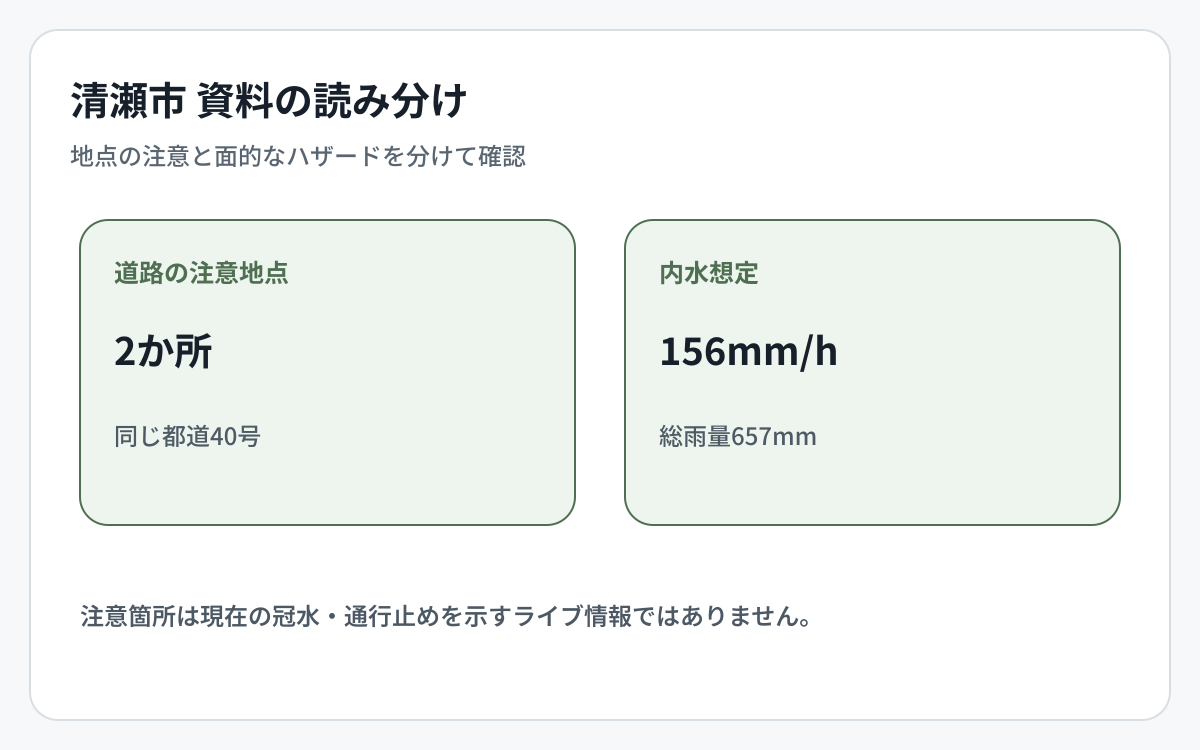 清瀬市の道路冠水資料とハザード資料の対象範囲を比較した図
