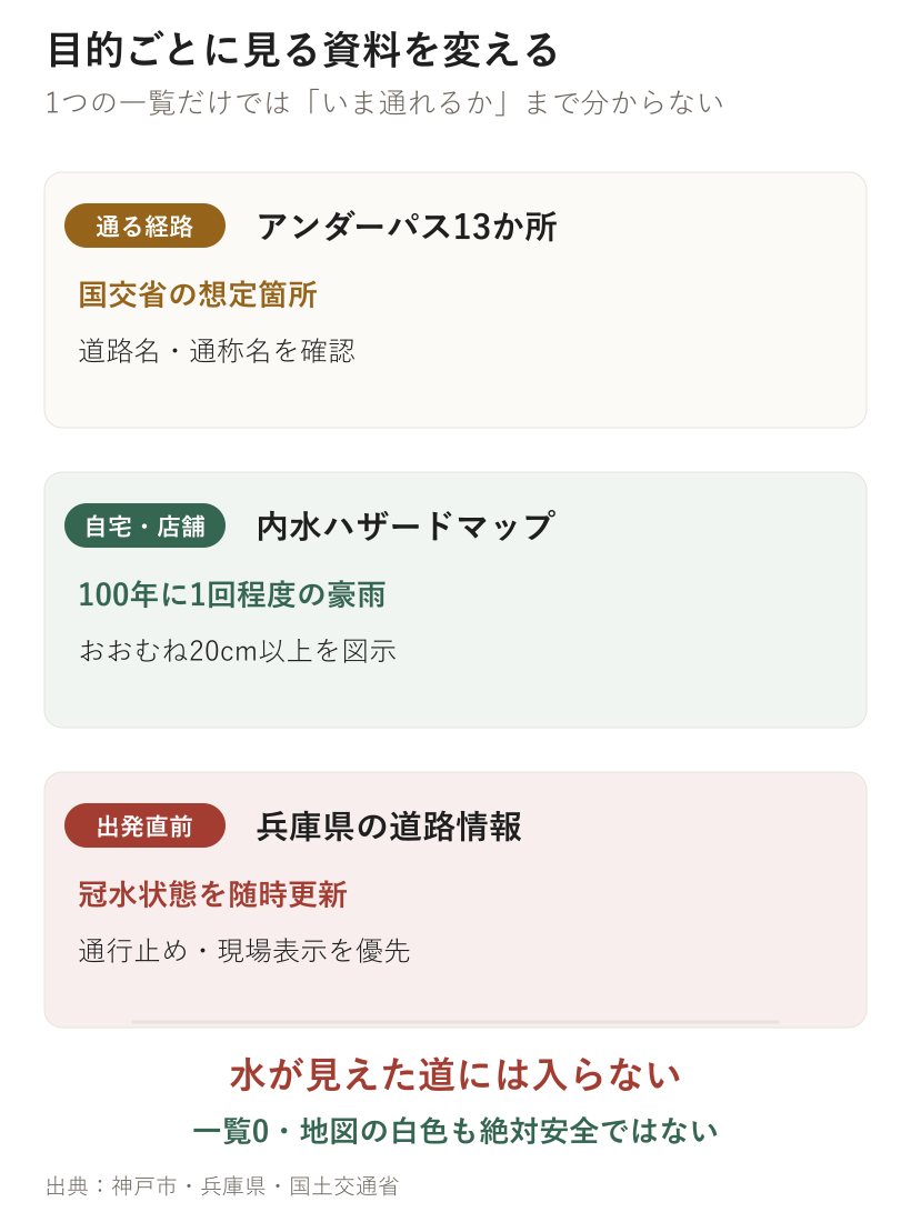 神戸市で冠水リスクを調べるとき、国交省のアンダーパス一覧、神戸市内水ハザードマップ、兵庫県道路情報を目的別に使い分ける手順図