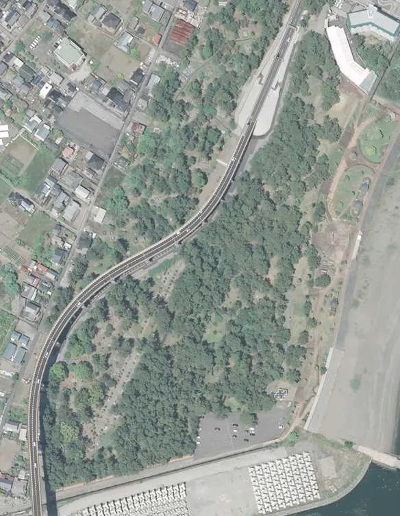 種崎千松公園の空中写真。湾と外海に挟まれた細長い砂州に松林が並び、標準地の標高は4.1m
