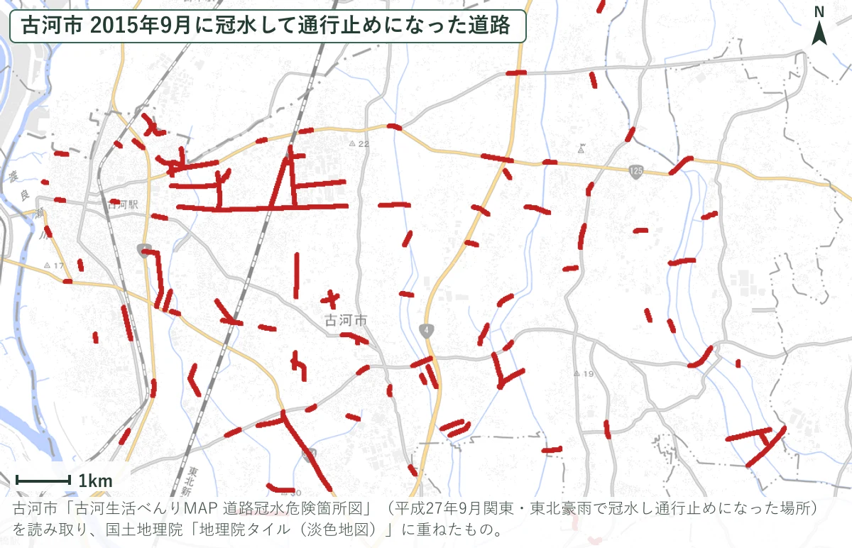 赤い線が、2015年9月に冠水して通行止めになった道路。古河市の図から読み取り、国土地理院の淡色地図に重ねました