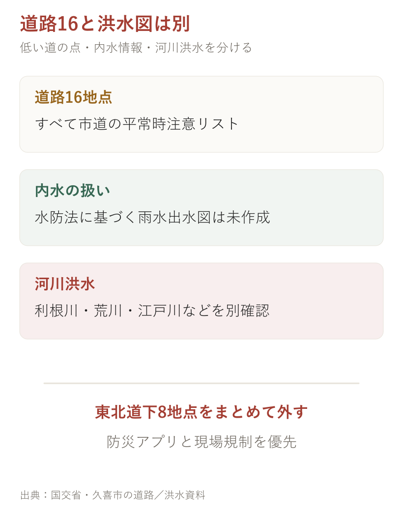 道路16と洪水図は別。道路、ハザードマップ、現在情報を分けて確認する図