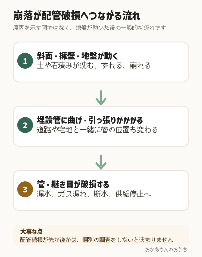 斜面や擁壁の移動から水道管・ガス管の破損、断水やガス停止へつながる一般的な流れ