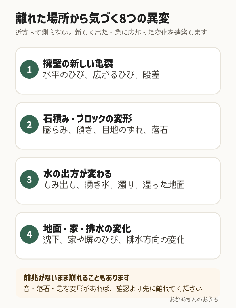 擁壁の亀裂、膨らみ、ずれ、湧水、地面の沈下など斜面住宅地で離れた場所から気づく異変