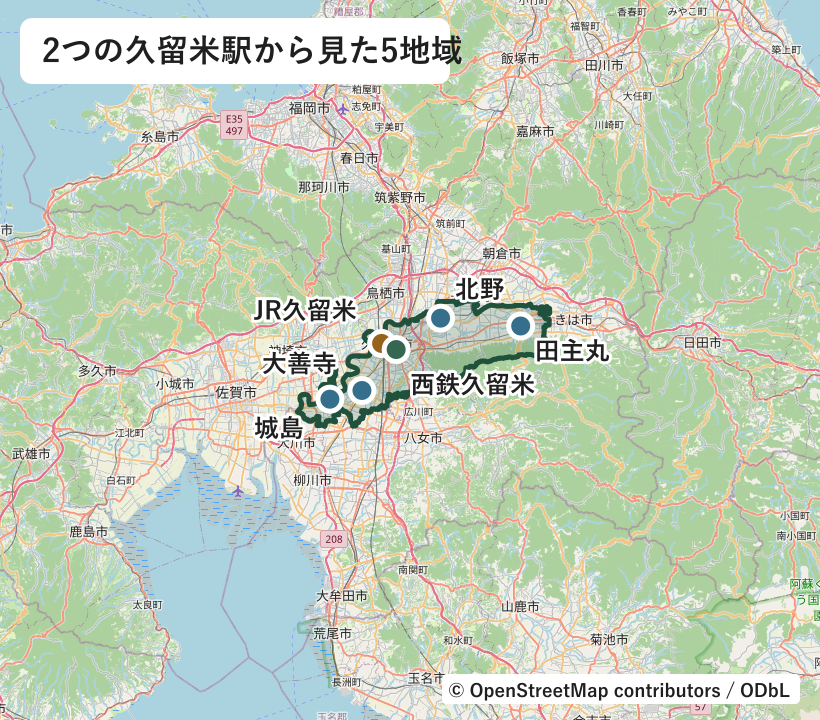 久留米市の行政界とJR久留米、西鉄久留米、花畑、宮ノ陣、北野、御井、田主丸、荒木、大善寺、三潴、城島の位置図