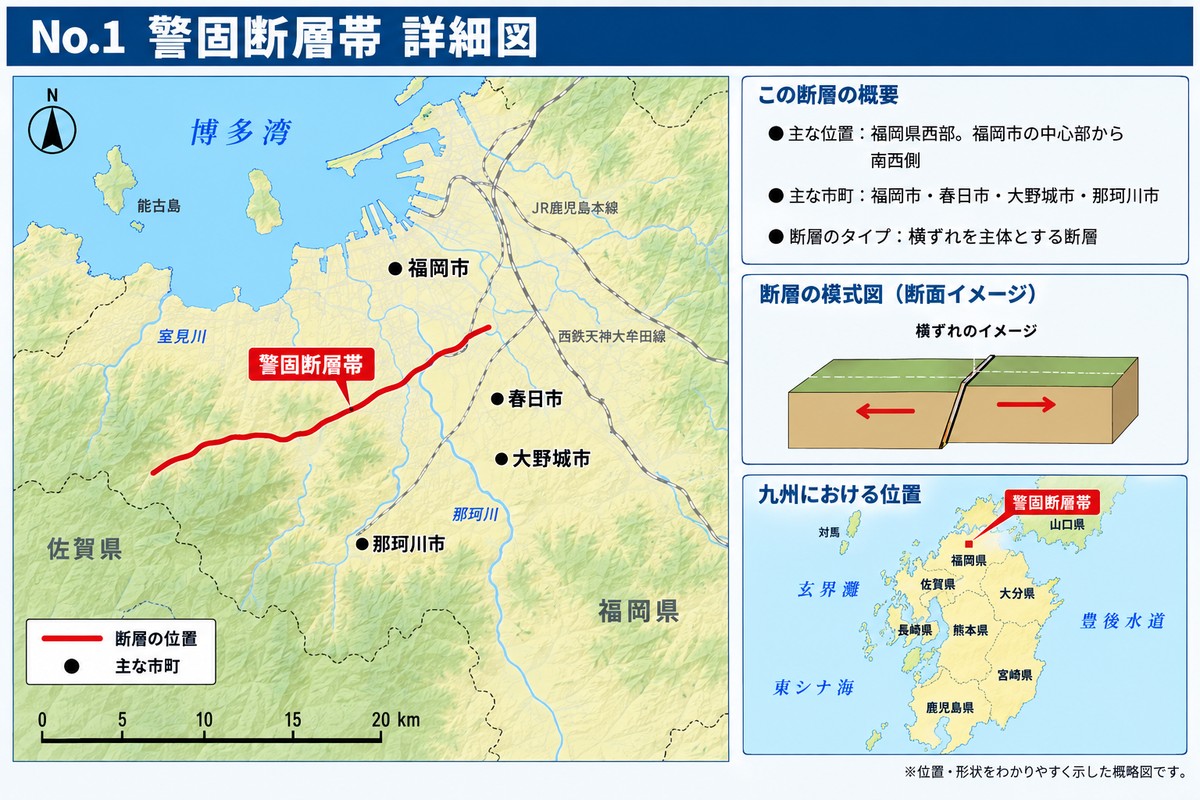警固断層帯の詳細図。福岡市の中心部を北西から南東に貫く断層の位置を示す