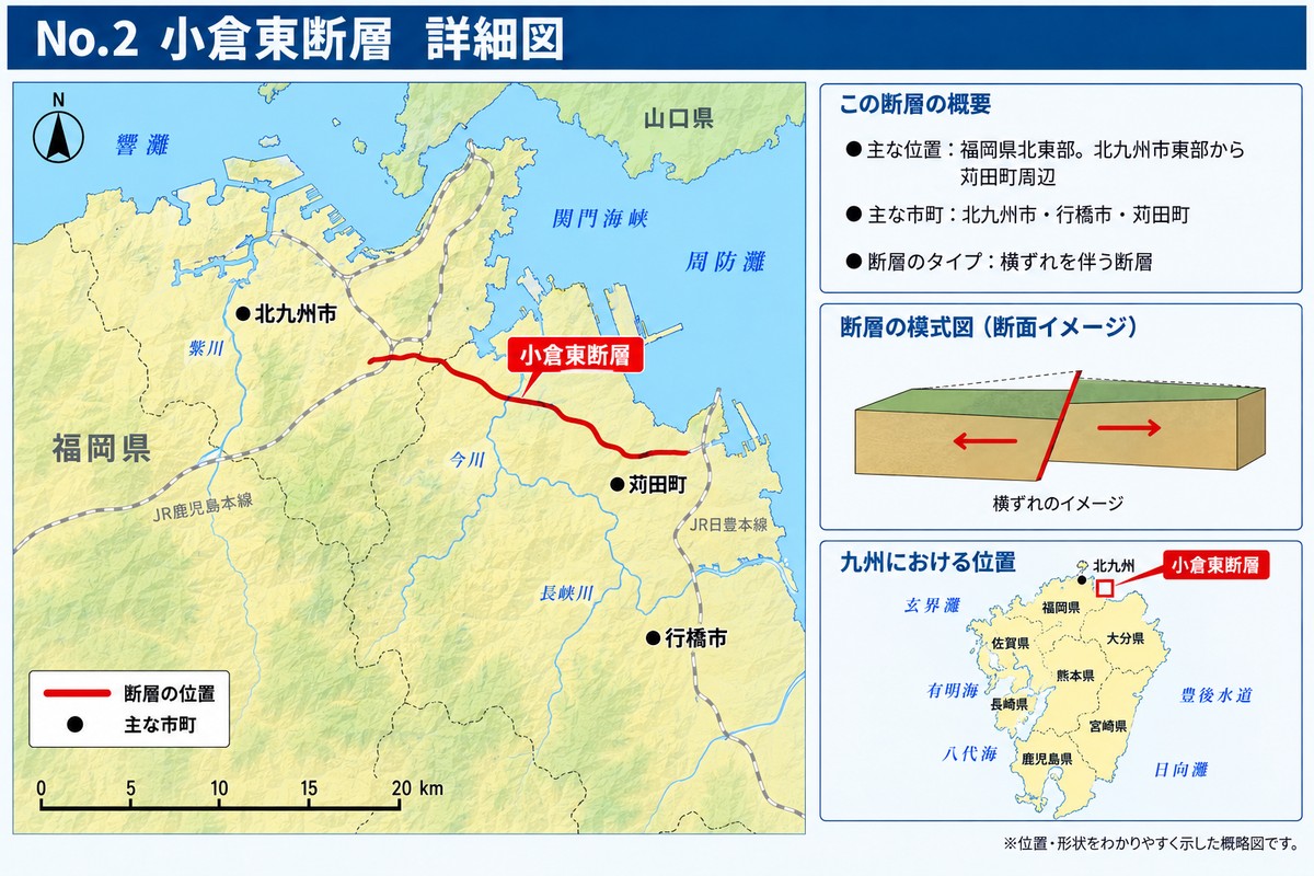 小倉東断層の詳細図。北九州市を南北に走る断層の位置を示す