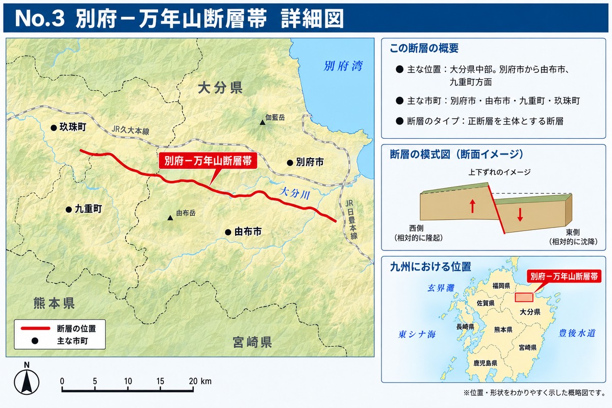 別府－万年山断層帯の詳細図。大分県の別府市から由布市・九重町・玖珠町へ東西に延びる断層の位置を示す