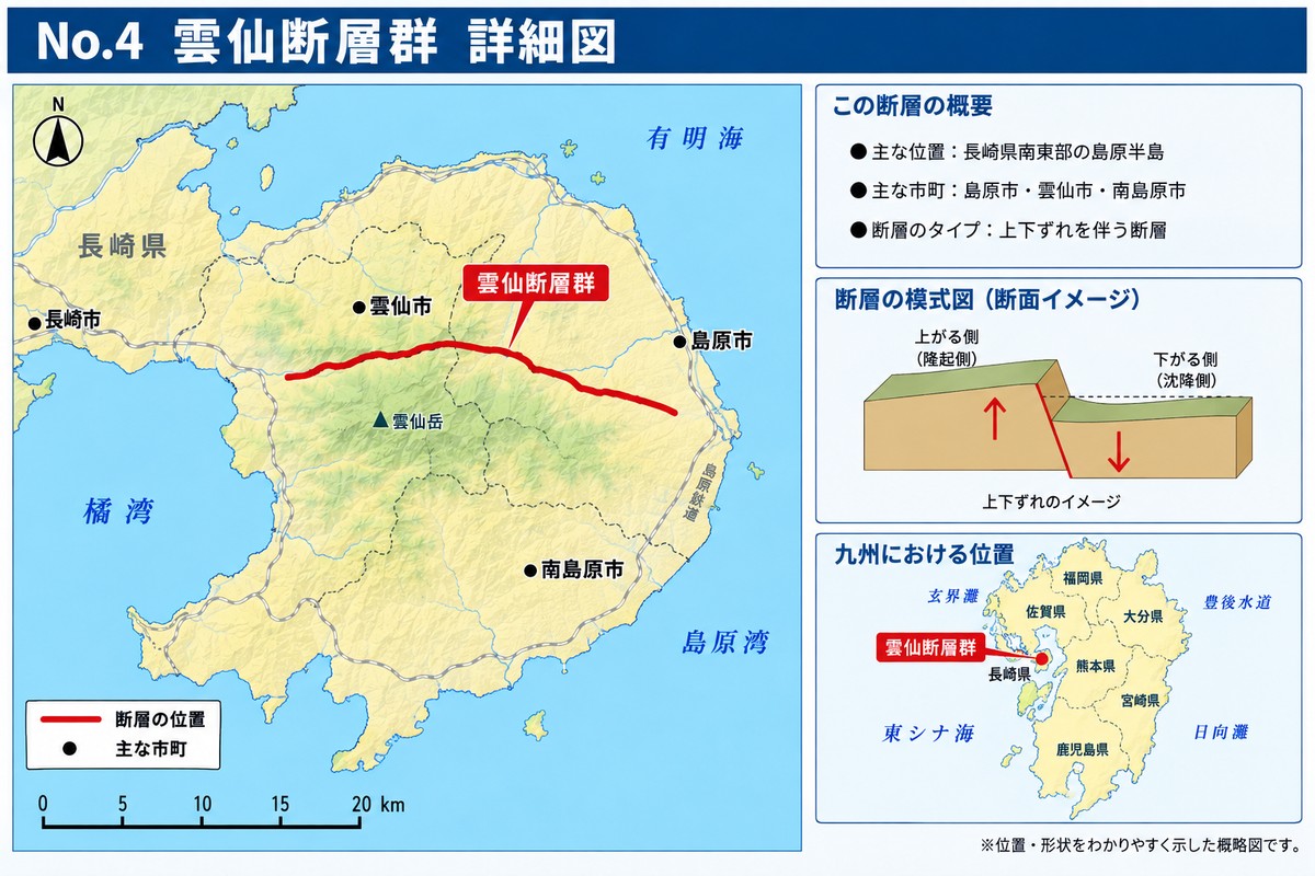 雲仙断層群の詳細図。長崎県の島原半島を東西に横切る断層群の位置を示す