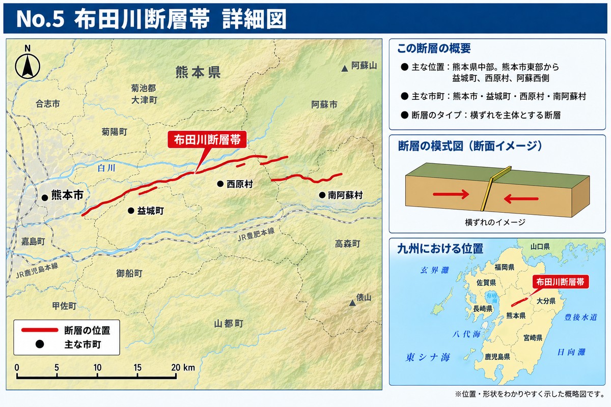 布田川断層帯の詳細図。熊本市から益城町・西原村・南阿蘇村へ延びる断層の位置を示す