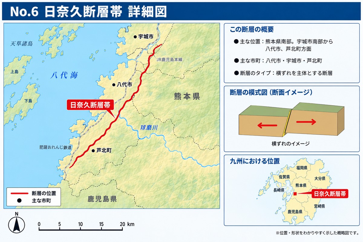 日奈久断層帯の詳細図。宇城市から八代市・芦北町を経て八代海へ延びる断層の位置を示す