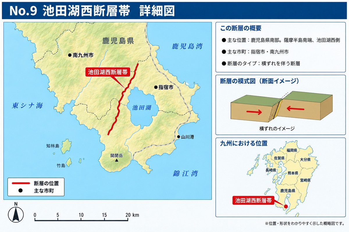 池田湖西断層帯の詳細図。薩摩半島南部の池田湖の西側を南北に延びる断層の位置を示す