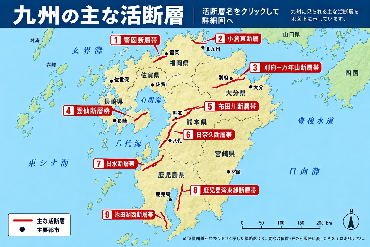 kyushuの主な活断層帯の位置図