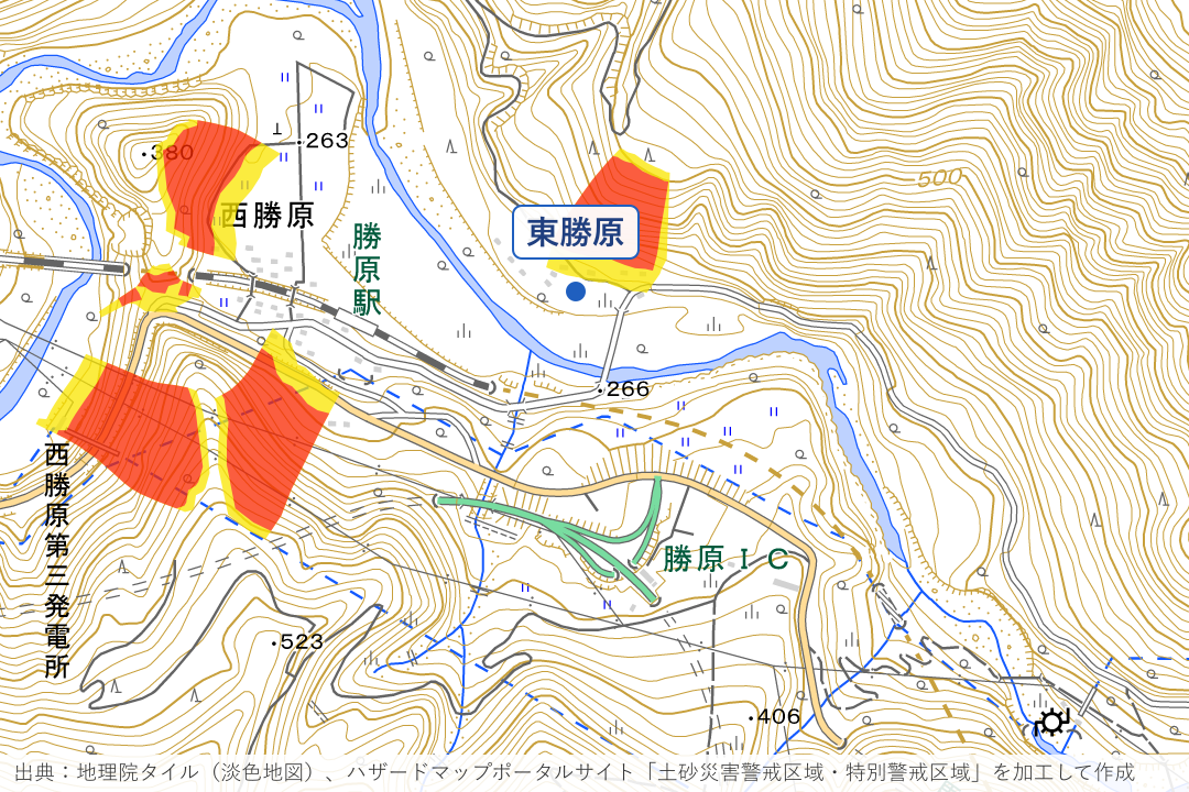 勝原駅周辺の西勝原・東勝原周辺の土砂災害警戒区域を重ねた地図