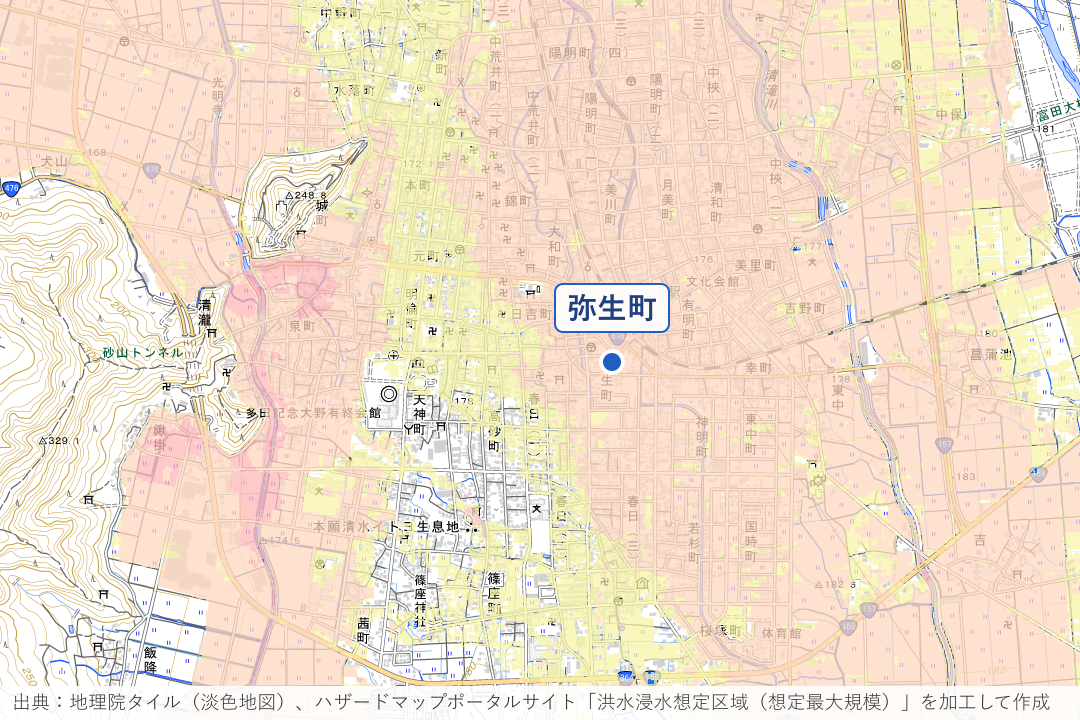 越前大野駅周辺と木瓜川沿いの市街地周辺の洪水浸水想定区域を重ねた地図