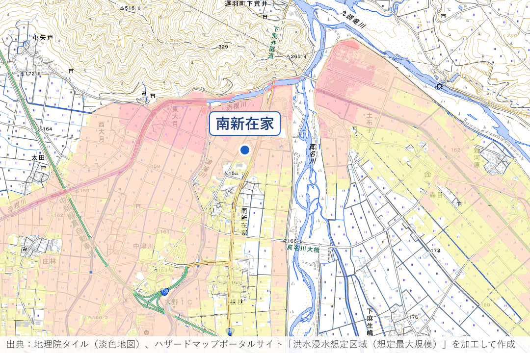 真名川左岸の南新在家・東大月周辺の洪水浸水想定区域を重ねた地図