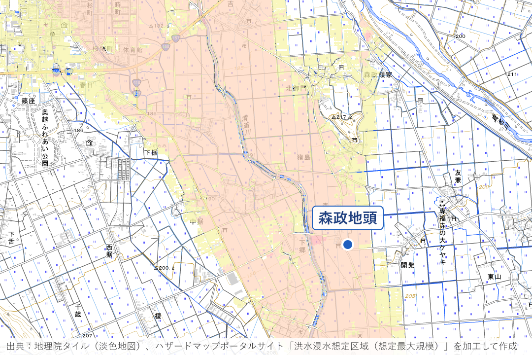 清滝川沿いの猪島・森政地頭周辺の洪水浸水想定区域を重ねた地図