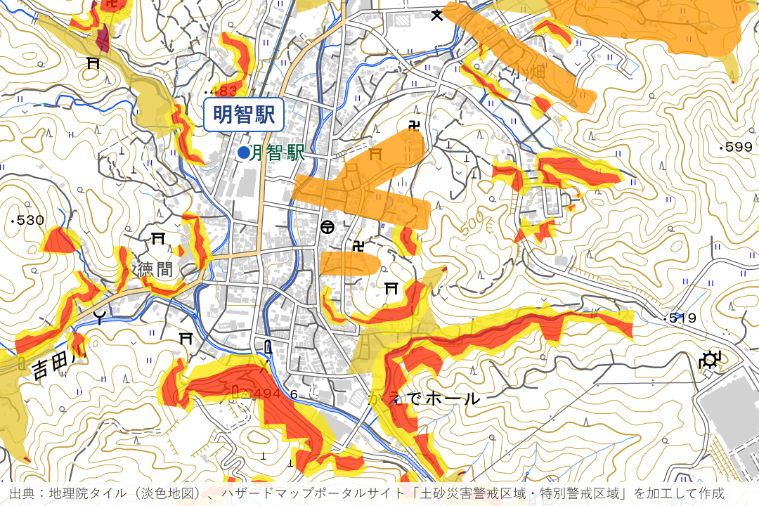 明智町の中心街（明智駅〜かえでホール）周辺の土砂災害警戒区域を重ねた地図